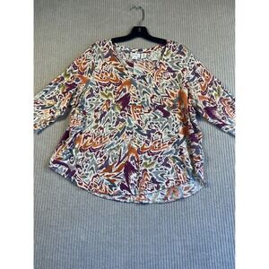 Nicole Miller Womens Top 1X Linen Abstract Ikat V-Neck 3/4 Sleeve Blouse